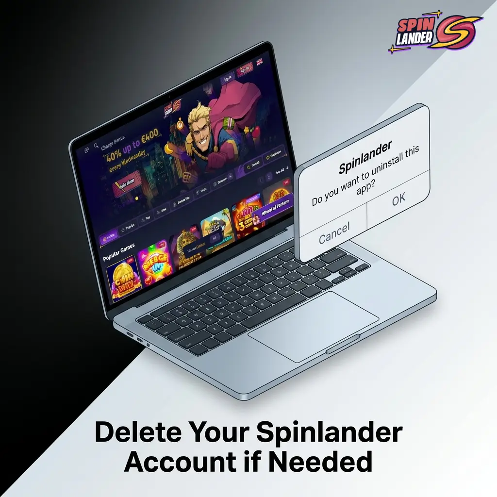 Spinlander account deletion steps showing settings navigation, support contact options, and permanent closure confirmation process