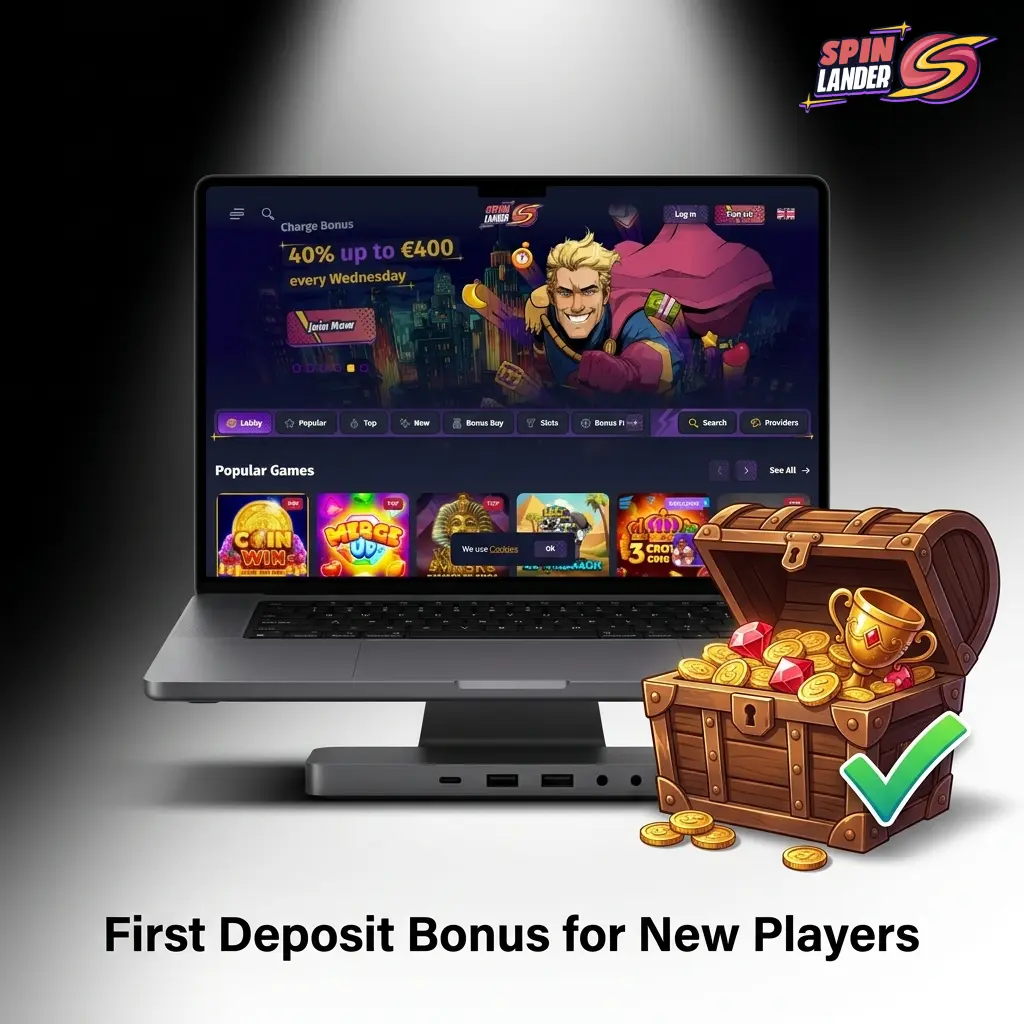 Spinlander first deposit bonus offering 100% match up to €700 plus 100 Free Spins and 5 Gems for Canadian players