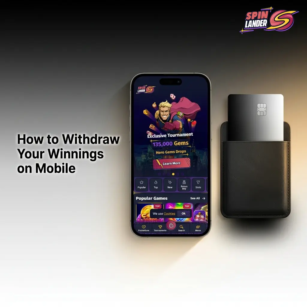 Spinlander mobile withdrawal steps showing cashier menu, payout method selection, and minimum €20 amount entry process