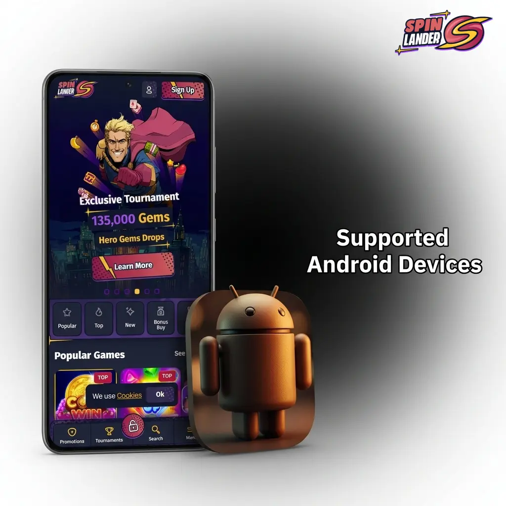 List of supported Android devices for Spinlander PWA including Samsung, Google Pixel, OnePlus, Xiaomi, Motorola, Oppo, Sony, Huawei